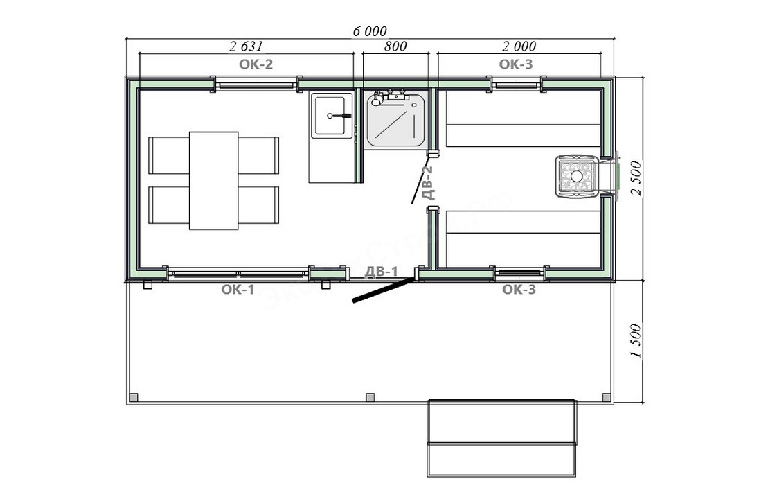 Проект бани 6х2,5м. с террасой